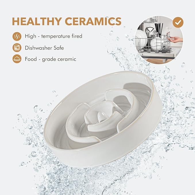 Ceramic 1.2 Cup Dog Bowl Slow Feeder for Medium and Small Dog, 7.3inch Pet Slow Dish, Stop Bloat, Preventing Choking(Single Bowl, Reactived Glaze -White)