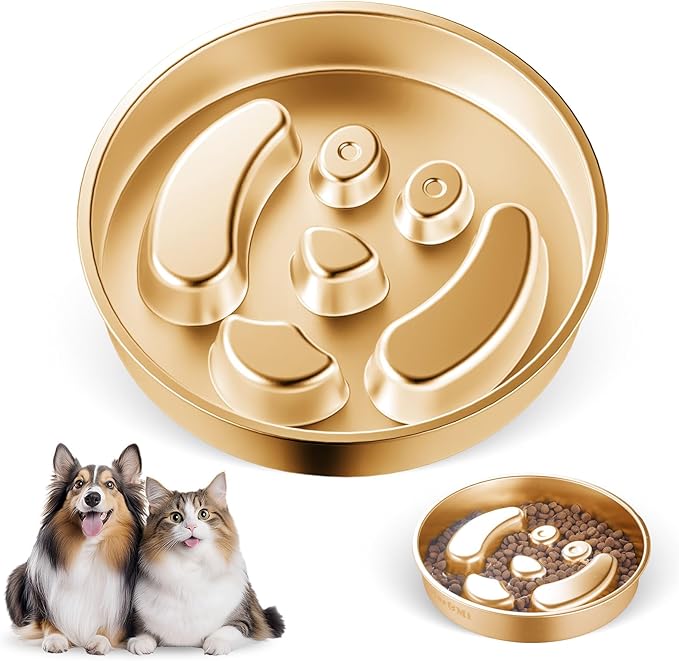 Golden Stainless Steel Slow Feeder Dog Bowls – Non-Slip Metal Dog Bowl for Large & Medium Breeds, Puppy Puzzle Feeder – 2 Cup Capacity for Small to Big Pets – Durable Slow Feed Dog & Cat Food Dish