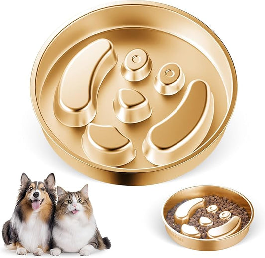 Golden Stainless Steel Slow Feeder Dog Bowls – Non-Slip Metal Dog Bowl for Large & Medium Breeds, Puppy Puzzle Feeder – 2 Cup Capacity for Small to Big Pets – Durable Slow Feed Dog & Cat Food Dish