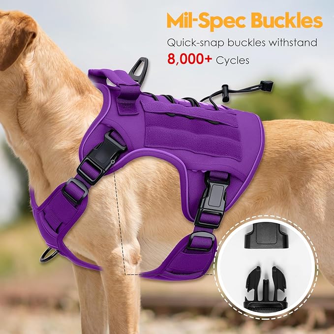 Heavy-Duty Tactical Dog Harness for Large Dogs, No Pull Adjustable Reflective Pet Vest with Molle System, K9 Military-Grade Control for Service Training, Outdoor & 10+ Breeds, Purple, X-Large