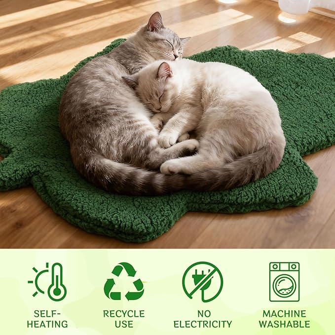 3 Pack Self Warming Cat Dog Bed Leaf Shape Self Heating Pet Mat Non Electric Washable Thermal Sleeping Pad Plush Heated Pet Mat for Crate Floor Indoor Outdoor(Dark Green,Large-19 x29)