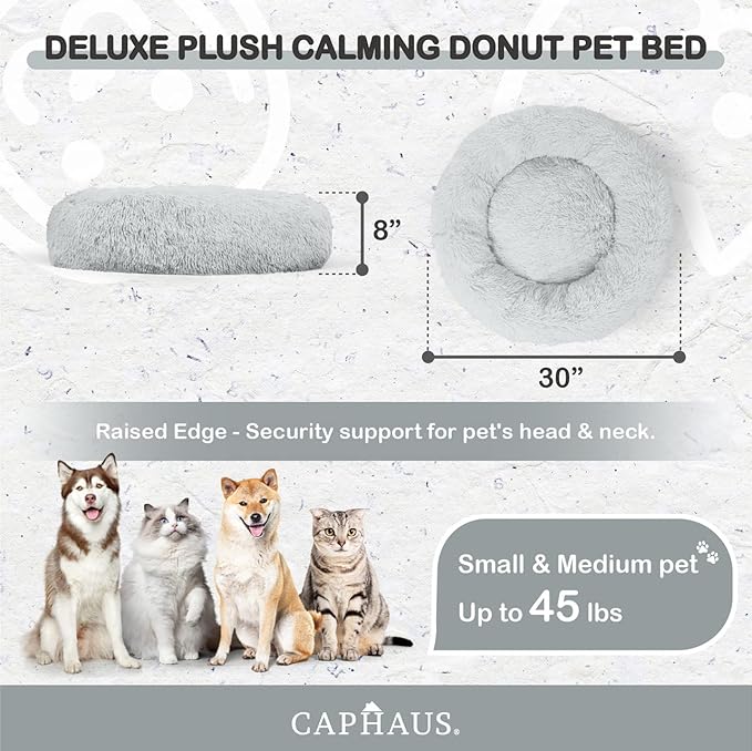 CAPHAUS 24/30 Inch Calming Donut Pet Bed for Small/Medium Cats and Dogs, Anti-Slip Bottom, Washable, Anti-Anxiety Fluffy Round Cat Bed, Indoor Shaggy Cuddler Cotton Candy Brown, Light Gray, Pink Bed