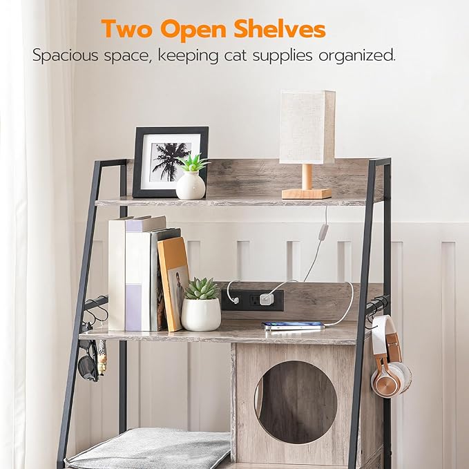 HOOBRO Litter Box Enclosure with 2 Storage Shelves, Tall Litter Box Furniture Hidden with Charging Station, Indoor Hidden Litter Box Furniture with Plush Mat, Greige BG70UMW01