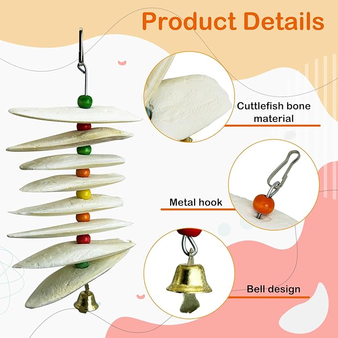 3 Pack Bird Chewing Toy Cuttlebone Parrot Toy with Bell Hanging Bird Beak Grinding Stone Parakeet Cage Accessories for Small & Medium Budgies Lovebirds Cockatiels (Flake,8 Per Skewer)