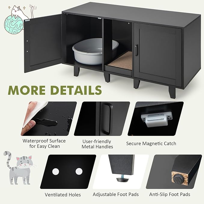 Tangkula Double Cat Litter Box Enclosure for 2 Cats, Large Stackable Hidden Privacy Cat Washroom Cabinet with Scratching Board, Indoor Cat House TV Stand Side Table, Litter Box Furniture (Black)