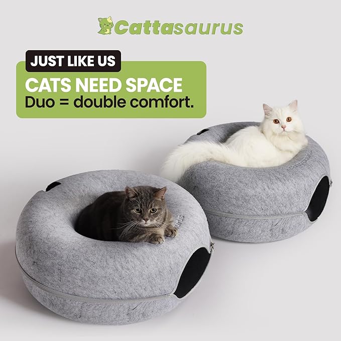 Cattasaurus Peekaboo Cat Cave Donut for Multiple & Large Cats up to 30-45 lbs, 3-in-1 Self Warming Cat Bed, Tunnel & Scratcher for Indoor Cats, Washable & Detachable (Light Gray + Light Gray, Large)