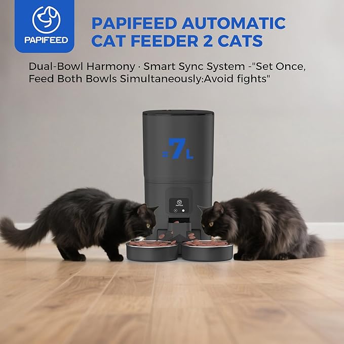PAPIFEED Automatic Cat Feeder for 2 Cats, 2.4G WiFi Cat Food Dispenser with App Control, 7L Slow Feed Pet Feeder with 2 Stainless Bowls for Cats & Dogs, 12 Portions 10 Meals Daily - Black