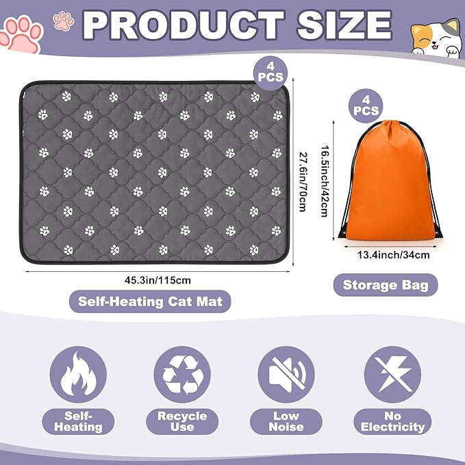 Riakrum 4 Pack Self Heating Cat Bed Pad Self Warming Pet Dog Mat Non Slip Washable Cat Kennel Crate Pad with Storage Bag for Indoor Outdoor Small Medium Dog Kitten(XL, 28 x 45 Inches)