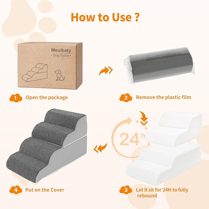 4-Steps Dog Stairs for Bed and Couch 16.9" H, Wider Pet Stairs for Small Old Large Dogs Cats, 30°Steady Non-Slip Dog Steps, Washable Dog Ramp with Removable Cover, PE Boards