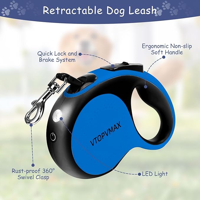 16Ft Retractable Dog Leash - for Small to Medium Dogs Up to 66lbs, Heavy Duty Retractable Leash with Light Rechargeable, Quick Lock Braking & Non-Slip Handle (Blue)