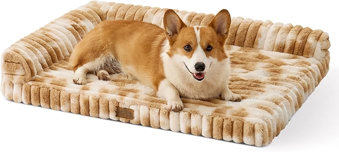 Cute Dog Bed, Faux Rabbit Fur Orthopedic Foam Dog Bed with Sides, Removable Washable Cover & Waterproof Lining, Comfortable Pet Couch for Medium Dogs, Tie-Dye Brown (36" L x 20" W x 6" Th)
