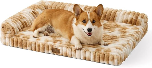 Cute Dog Bed, Faux Rabbit Fur Orthopedic Foam Dog Bed with Sides, Removable Washable Cover & Waterproof Lining, Comfortable Pet Couch for Medium Dogs, Tie-Dye Brown (36" L x 20" W x 6" Th)