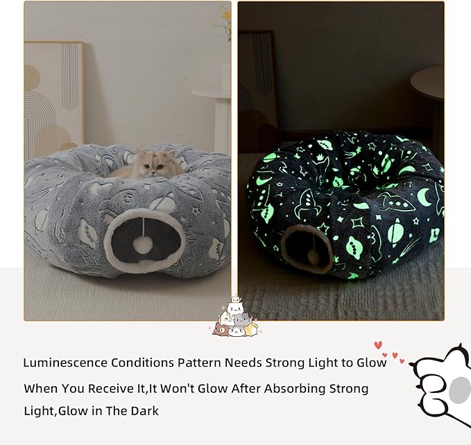 Large Cat Tunnels Bed Tube for Indoor Cats Under Christmas Tree Glows in The Dark Cat Tunnel with Cushion and Plush Ball Toy Longer Playground Toys for Dog Puppy Kitten Pet Gray
