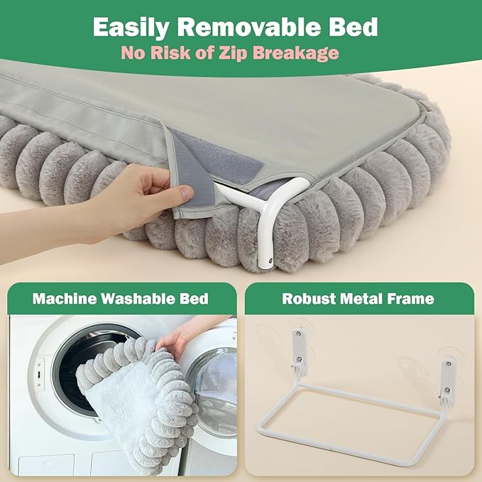 Zakkart SnugCloud Foldable Cat Window Perch - Cordless, Ultra Soft Machine Washable Bed with 4-Sided Bolster, Metal Frame - Window Hammock for Large Cats and Kittens (Gray, Large)