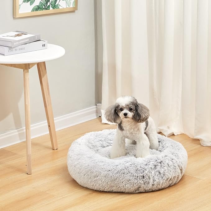 Bedfolks Calming Donut Dog Bed, 23 Inches Round Fluffy Dog Beds for Small Dogs, Machine Washable Anti-Anxiety Plush Puppy Bed（Light Grey, Small）