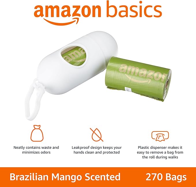 AmazonBasics Enhanced Dog Waste Bag with Dispenser and Leash Clip - 270 Count, Brazilian Mango