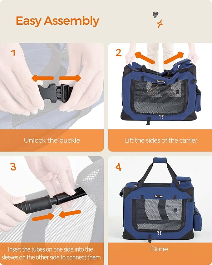 Feandrea 24 Inches Collapsible Soft Dog Crate, Portable Travel Dog Crate for Indoor and Outdoor Use, Dog Carrier Kennel with Safety Zippers, for Living Room, Car, Travelling, Campin, Dark Blue UPDC60Z