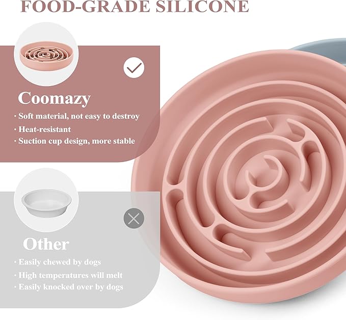 Coomazy Slow Feeder Dog Bowls, Silicone Dog Bowl with Suction Cups, Slow Feeder & Non-Slip Design, Boredom and Anxiety Reducer, Suitable for All Breed Dogs, Pink