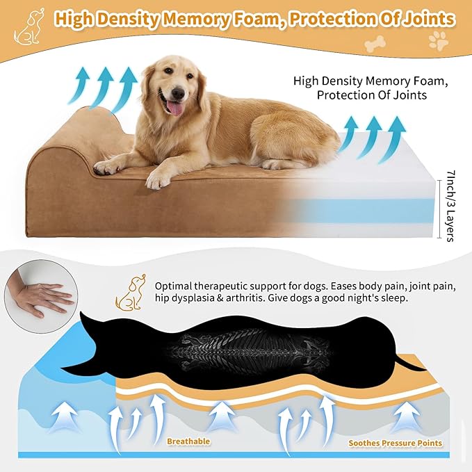 Orthopedic Dog Beds for Large Dogs, 7" Memory Foam Dog Beds with Waterproof Liner, Chew Proof Microsuede Cover, Removable and Washable, Nonskid Bottom, 52"x36"x7" XL Khaki
