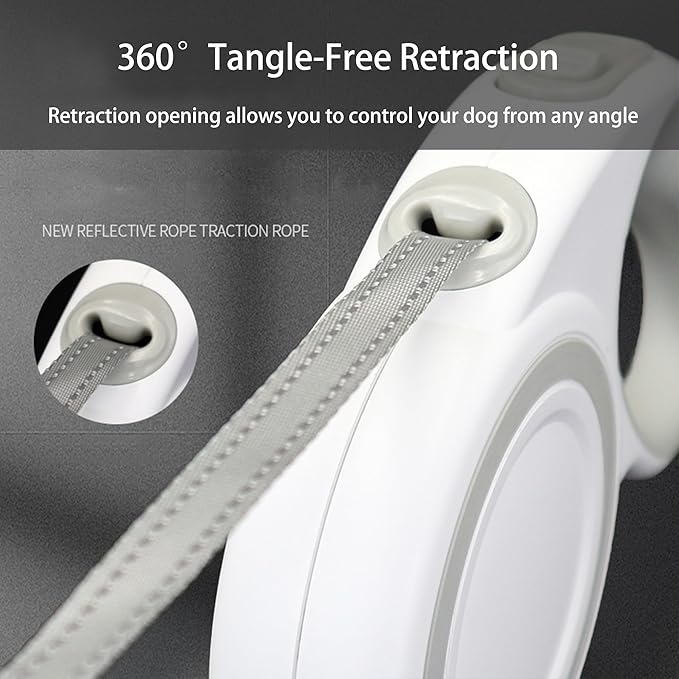 360° Tangle-Free Retractable Dog Leash, Heavy Duty Reflective Nylon Tape Lead 10 ft Long, up to 44lbs, One Touch Quick-Lock Braking System & Anti-Slip Handle (White-Gray, Small)