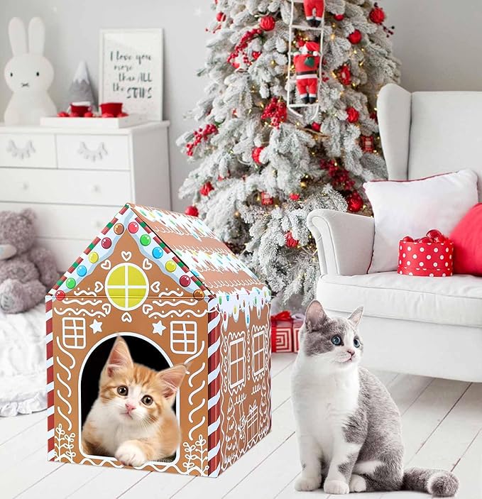 Christmas Gingerbread Cat House 16.5"x 13"x19" Christmas Cardboard Cat Scratcher House with Scratching Pad for Indoor Cats Kittens Large Cat Playhouse
