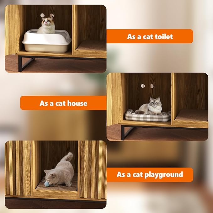 Double Litter Box Enclosure,Modern Cat Litter Box Enclosure for 2 Cats, Hidden Litter Box with Cat Scratch Pad, Cat Washroom Cat House End Table, Entryway Bench for Livingroom (Natural)
