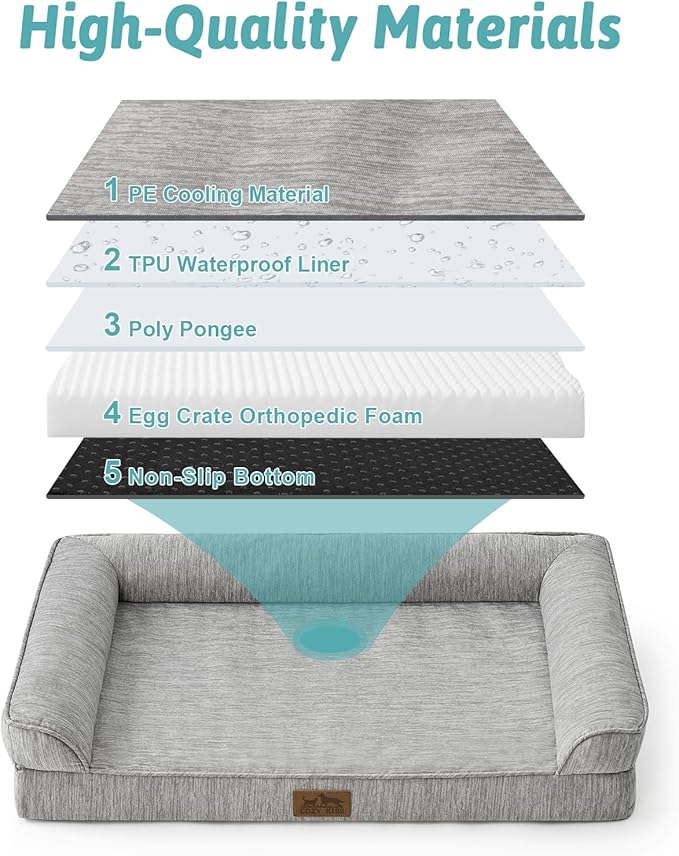 Cooling Dog Bed, Orthopedic Foam Dog Bed with Sides, Removable Cover & Waterproof Lining and Nonskid Bottom, Comfortable Pet Beds for Extra Large Dogs, Grey (48" L x 32" W x 7.5" Th)