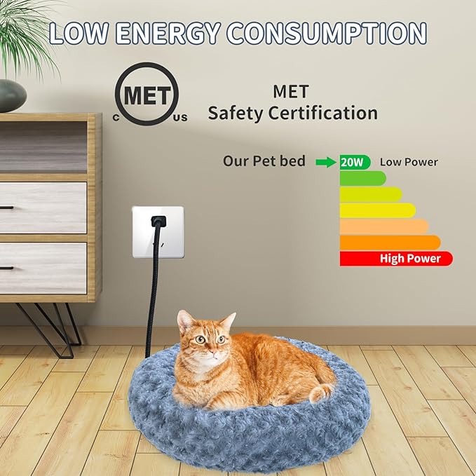 Heated Cat Beds for Indoor Cats Warming Cat Beds Super Soft Machine Washable Thermo Kitty Electric Heating Bed 19 Inches Round