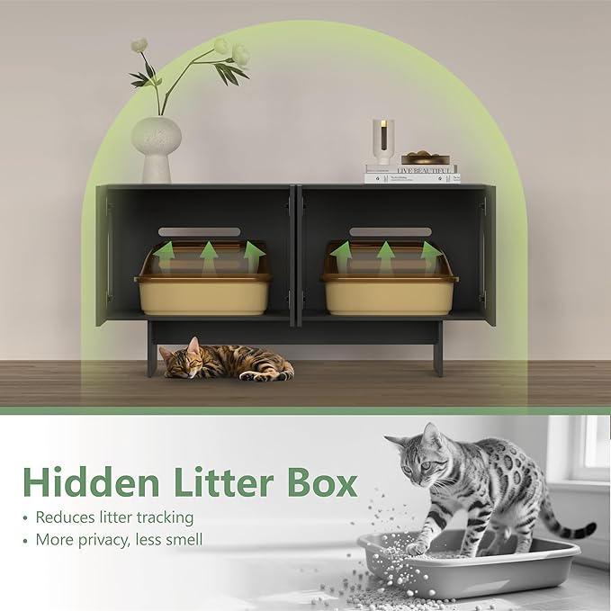 Double Litter Box Enclosure, Litter Box Enclosure for 2 Litter Boxes, Modern Litter Box Furniture for 2 Cats, Scandi Style (Black)