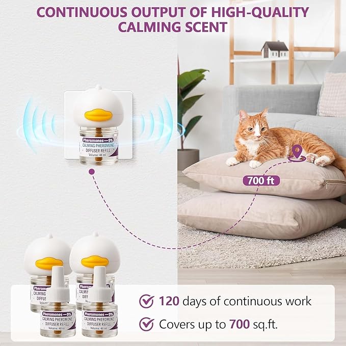 Cat Calming Diffuser, Cat Pheromones Calming Diffuser, Pheromone Dffuser to Calm Cats, Cat Calming Diffuser with 2 Diffuser + 4 Refill,120 Days for Cats Relief Stress Anxiety (Purple)