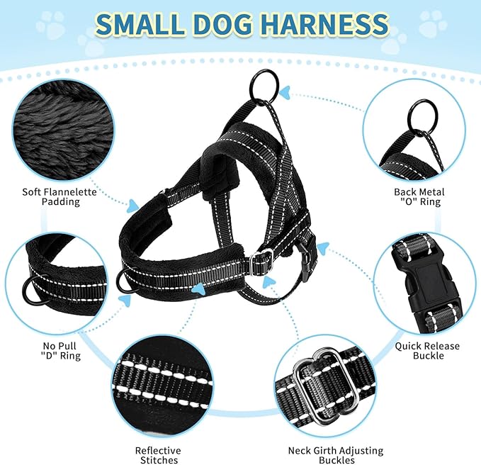 SlowTon No Pull Small Dog Harness and Leash Set, Puppy Soft Vest Harness Neck & Chest Adjustable, Reflective Lightweight Harness & Anti-Twist Pet Lead Combo for Small Medium Dogs (Black, S)