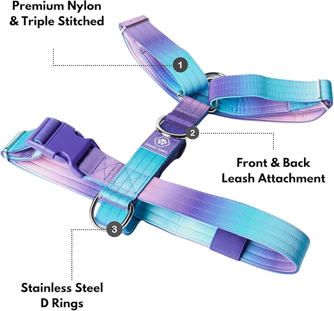 Spark Paws No Pull Dog Harness for Large Dogs, Heavy Duty Dog Harness for Big Strong Breeds, Adjustable, Y Shaped Padded Halter Design with Front Clip - 90s Retro – M