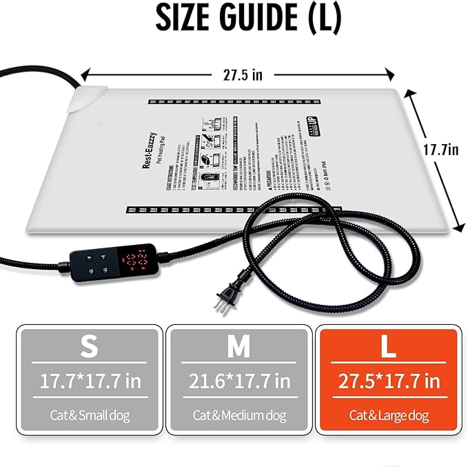 Rest-Eazzzy Heated Cat Bed with Removable Cover, 5 Level Timer & Temperature, Indoor Warming Mat for Cats & Dogs (Heat Pad, Pure-Grey, L)