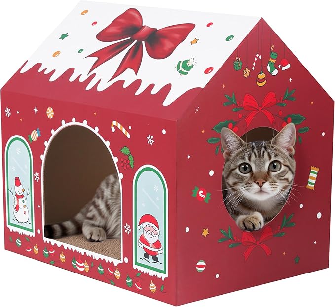 WESTERN HOME Christmas Cardboard Cat House, Indoor Cat Scratcher House (16.5''x12''x15''), Christmas Cats Cardboard Playhouse Hideaway for Small Animals
