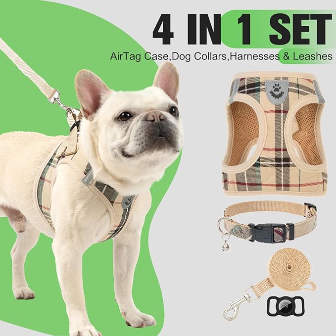 EXPAWLORER Plaid Small Dog Harness and Leash Set with AirTag Holder - Soft Padded Step in Dog Vest Harness Medium Sized Dog, No Pull Reflective Puppy Harness, Collar and Leash for Walking, Khaki XS