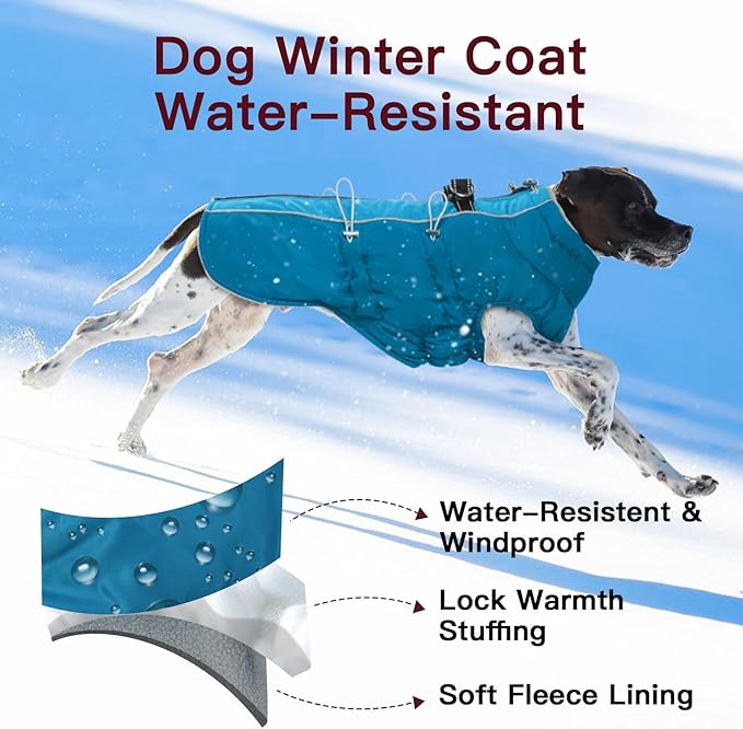 Dog Winter Jacket - 3X Large, Warm Zip Up Snowsuit Dog Harness Vest, Reflective, Water-Resistant, Green