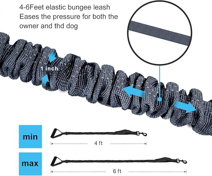 6FT Highly Reflective Heavy Duty Elastic Bungee Medium and Large Dog Leash Shock Absorbing with Comfortable Padded Handle and Traffic Handle Suitable for Training Grey