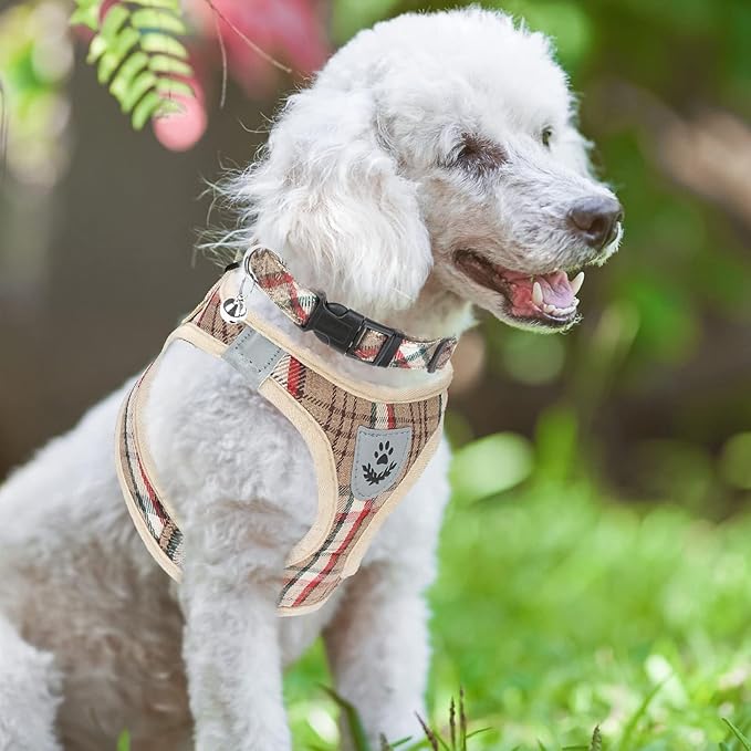 PUPTECK Adjustable Dog Harness Collar and Leash Set Step in No Pull Pet Harness for Small Medium Dogs Puppy and Cats Outdoor Walking Running, Soft Mesh Padded Reflective Vest Harnesses, Khaki XS