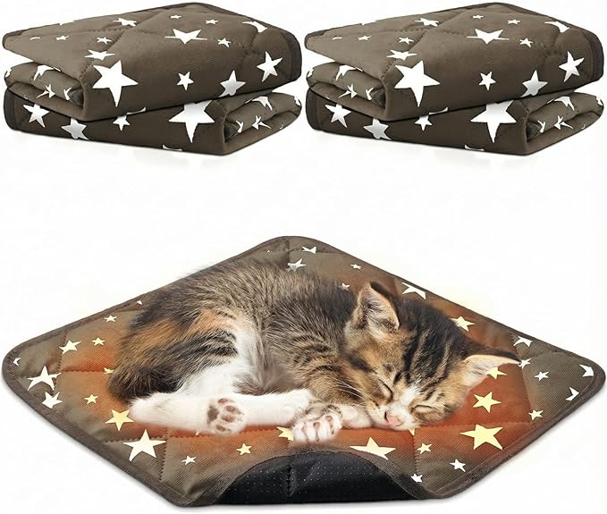 Namalu 4 Pack Self Warming Cat Bed Self Heating Cat Mat Star Pattern Soft Dog Crate Pad Thermal Pet Mat Anti Slip Kennel Dog Washable Warming Bed for Outdoor Indoor(12 x 12 Inch,Brown)