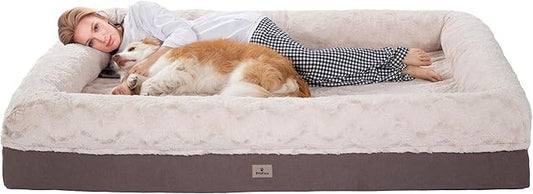 Giant Memory Foam Human Dog Bed for Adults People Fits Pet Families Extra Large Orthopedic Dog Beds with Sides, Washable Bolster Pet Bed Couch with Removable Cover, 70x50x13 Inch, Khaki