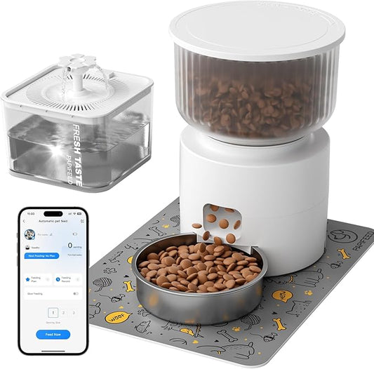 PAPIFEED Automatic Cat Feeder and Water Fountain, 3L/12 Cups 2.4G WiFi Pet Feeder with Stainless Steel Bowl, Smart APP Control for Remote Feeding, 1-12 Meals Per Day, Detachable for Easy Clean (White)