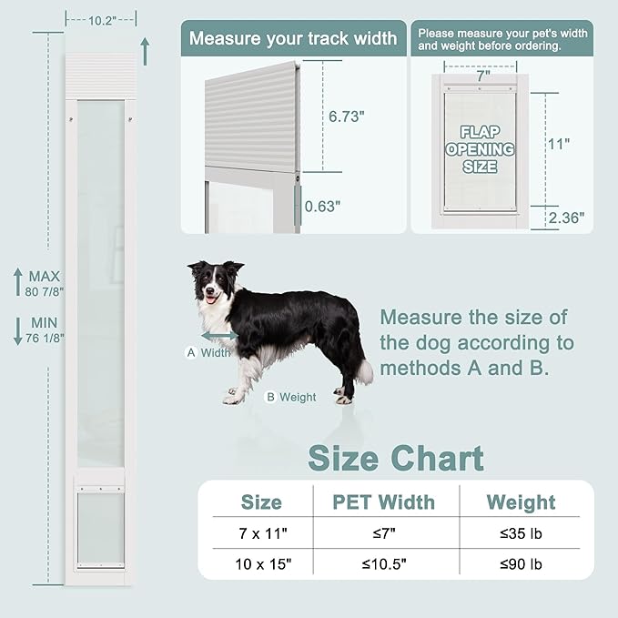 Doggy Door for Sliding Glass Doors, Adjustable Height 76 1/8"-80 7/8" Aluminum Frame Tempered Sliding Door Dog Doors Insert with Lock,Medium Transparent 7" x 11" Flap Size for Large Dogs