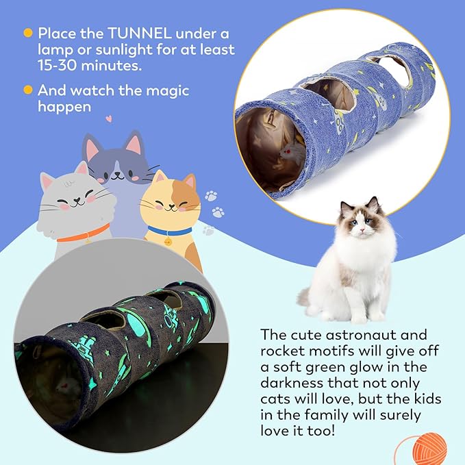Glowing Astronaut Pattern Cat Tunnel - Collapsible with Plush Balls, Ideal for Indoor Cats, Rabbits, Kittens, Ferrets & Puppies (Blue)