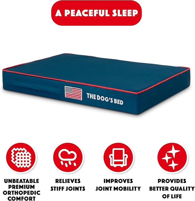 The Dog’s Bed Orthopedic Memory Foam Dog Bed, Medium Blue Oxford with Red Trim USA Flag, Pain Relief for Arthritis, Hip & Elbow Dysplasia, Post Surgery, Supportive, Waterproof, Veterinary Approved