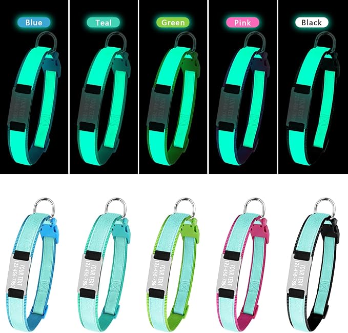 Custom Glow in The Dark Dog Collar with Name & Phone Number, Personalized Reflective Dog Collar for Small Medium Large Dog, Light Up Pet Collar with Engraved ID Tag