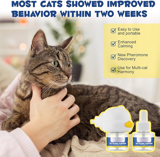 Cat Calming Diffuser Kit 60 Days, Cat Pheromones Calming Diffuser Effectively Relieve Anxiety Stress Fighting Scratching, Pheromone Diffuser for Cats -(1 Diffuser + 2 Refill)