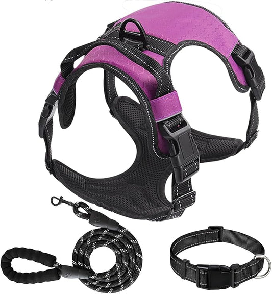 Dog Harness Set, No Pull Dog Vest Harness and 5ft Leash & Collar for Small Medium Sized Large Dog Cat,Adjustable Soft Nylon Padded Dog Vest Reflective Front Clip Vest with Easy Handle -Purple S