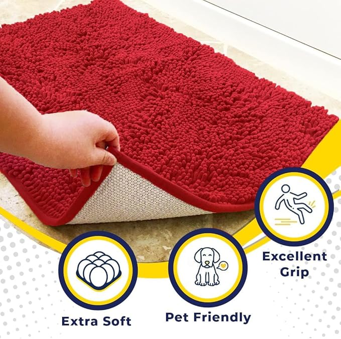 Muddy Mat® AS-SEEN-ON-TV Highly Absorbent Microfiber Door Mat and Pet Rug, Non Slip Thick Washable Area and Bath Mat Soft Chenille for Kitchen Bathroom Bedroom Indoor and Outdoor - Red 6ft x 9ft