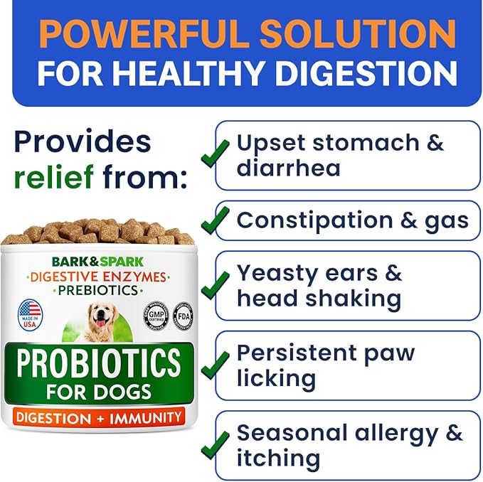 BARK&SPARK Dog Probiotics for Digestive Health & Enzymes - Diarrhea, Gas, Upset Stomach Relief & Season Allergy - Chews for Digestion - Pet Probiotics for Dogs (60Ct, Chicken)