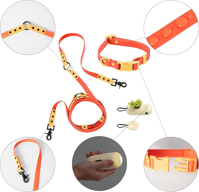 WLK1004A-5SET Luna Small 8FT Adjustable 6-in-1 Waterproof Hands-Free Leash and Collar with LED Flashlight, Bag Dispenser, and Poop Bag Holder, Aperol